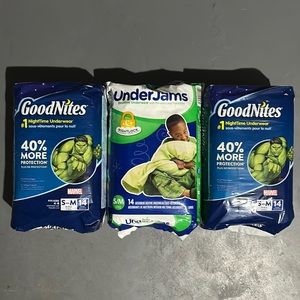 3pk Goodnites and Under Jams Bed wetting pull on diapers. Size small/medium. NWT